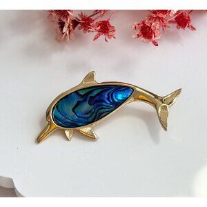 Dolphin Figural Faux Blue Abalone Gold Toned 90's Vintage Lapel Brooch Pin